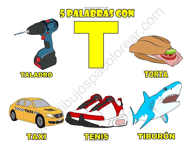 Cinco Palabras con la letra T dibujo a color y para colorear